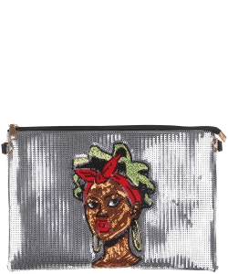 African-American Women Design Reversible Sequin Clutch Bag B029 SILVER